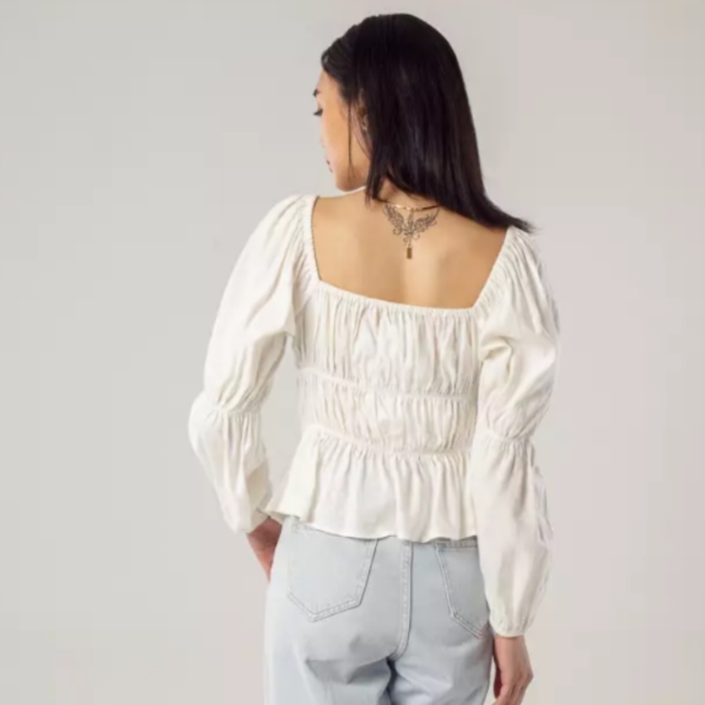By Rani made in Korea shirred long sleeve Smocked Square-Neck Top cream A3